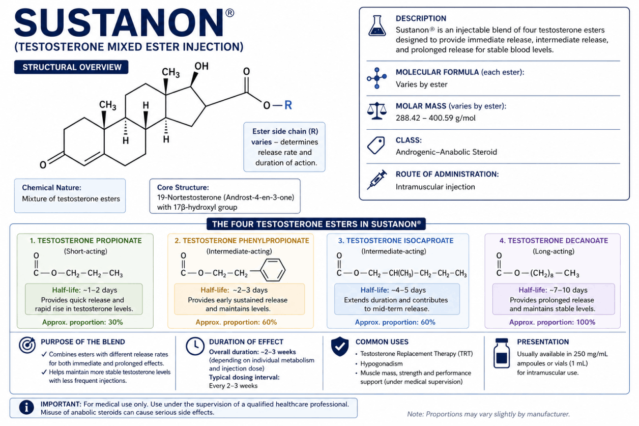 Fórmula estructural de los ésteres de testosterona presentes en Sustanon. La estructura química muestra la composición molecular de los diferentes ésteres de testosterona del preparado Sustanon.