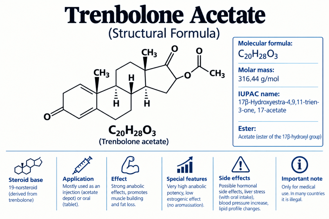 Fórmula estructural de la trenbolona acetato, el éster acetato del principio activo trenbolona.